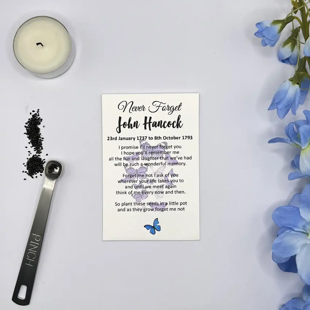 "Never Forget" design for forget me not funeral seed memorial gift. Personalised and printed on premium white card