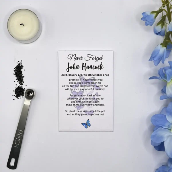 "Never Forget" design for forget me not funeral seed memorial gift. Personalised and printed on white paper