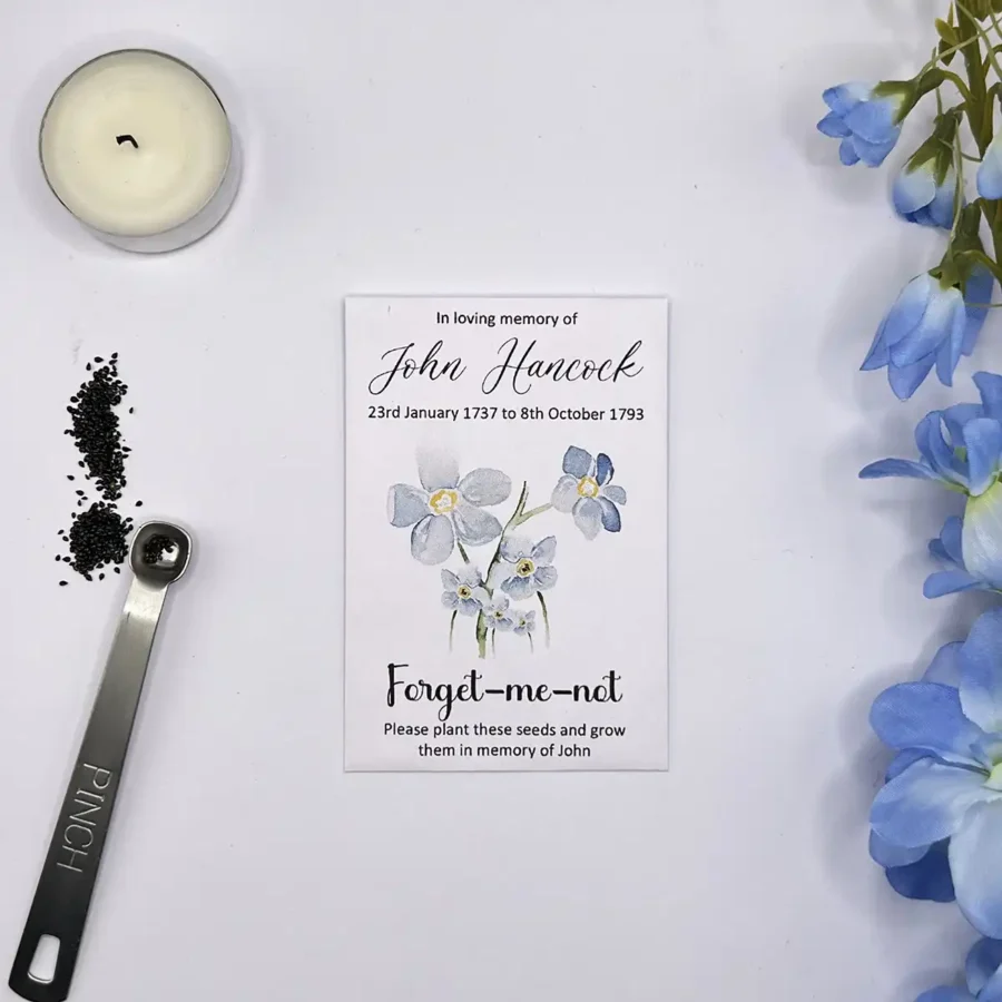 Delicate Personalised Forget Me Not Funeral Seed Packets (Pack of 10)