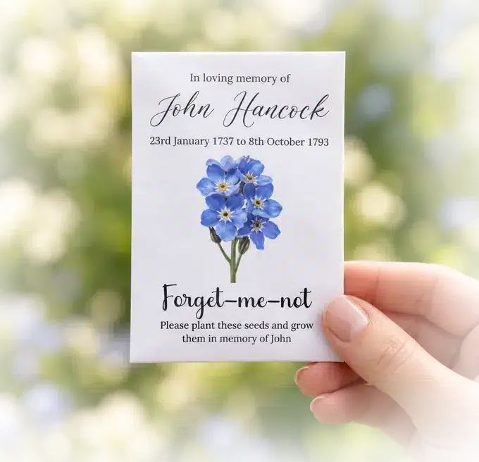 Personalised Forget Me Not funeral seed packet held in hand