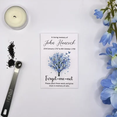 Forget me not funeral seeds tree design on white paper envelope